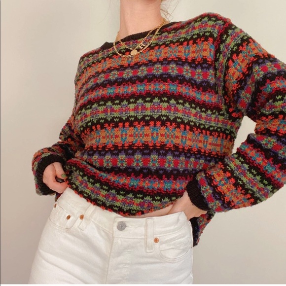 L.L. Bean Sweaters - Vintage L.L. Bean Black Multicolor Funky Stripe Winter Ski Sweater